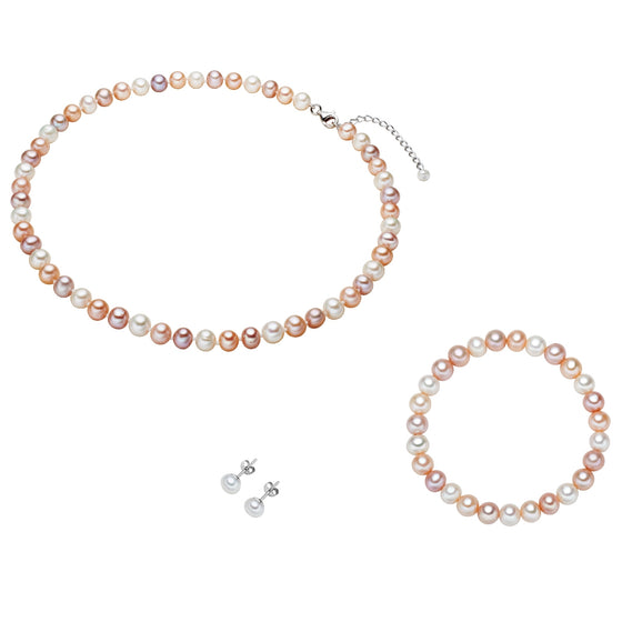 Set (Armband+Kette+Ohrstecker) Sterling Silber Süßwasser-Zuchtperle multicolor